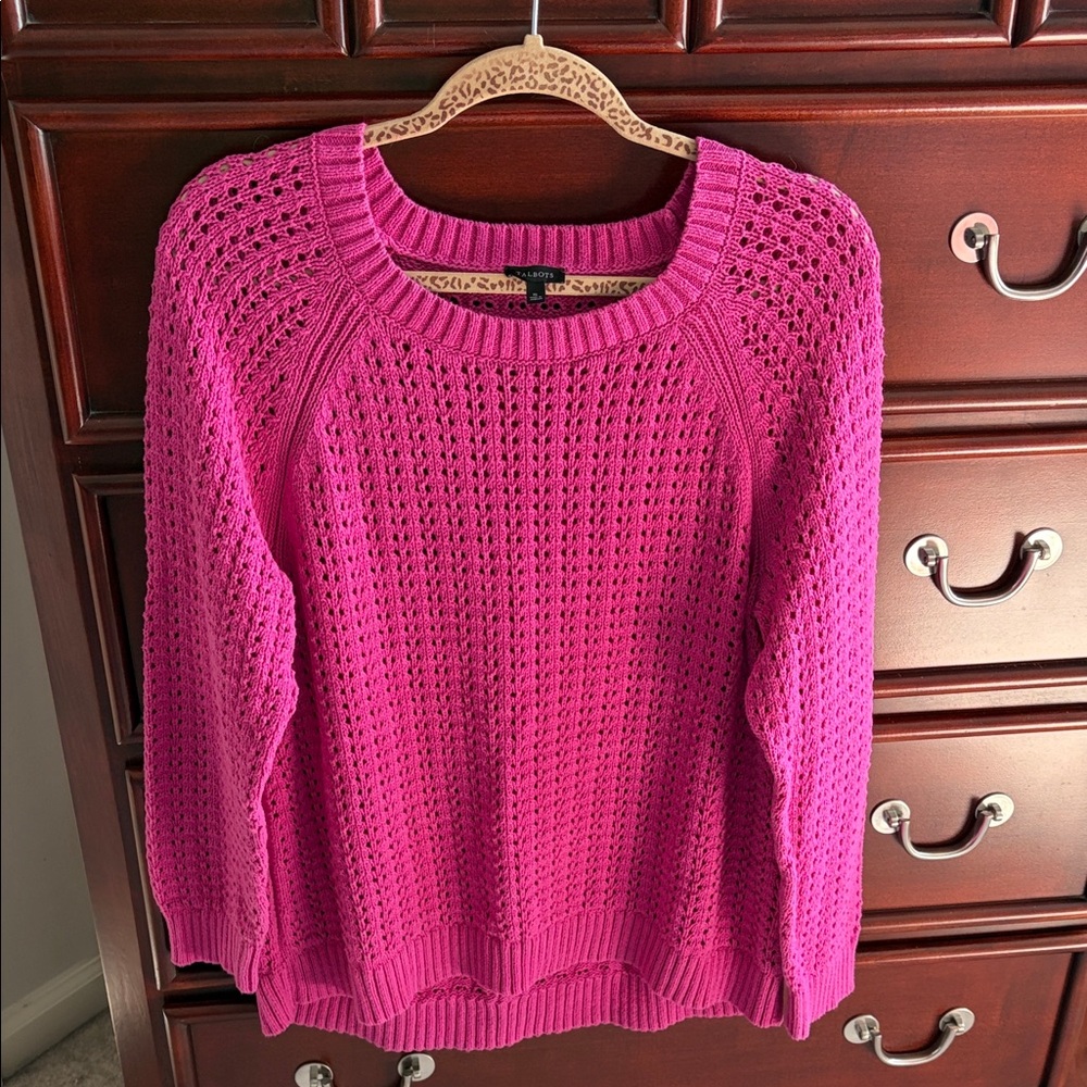 Talbots Fuchsia Crew Neck Open Knit Sweater
